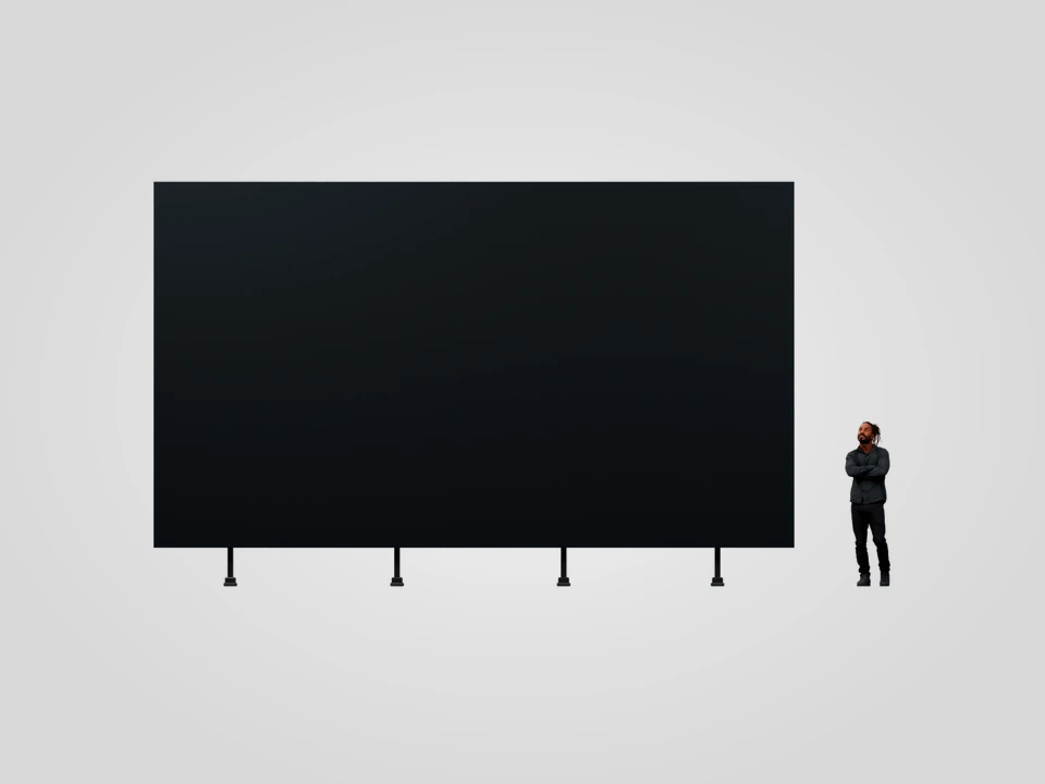 Фронтальный рендер LED-экрана 7 × 4 м на опорах; человек ростом 1,8 м для масштаба