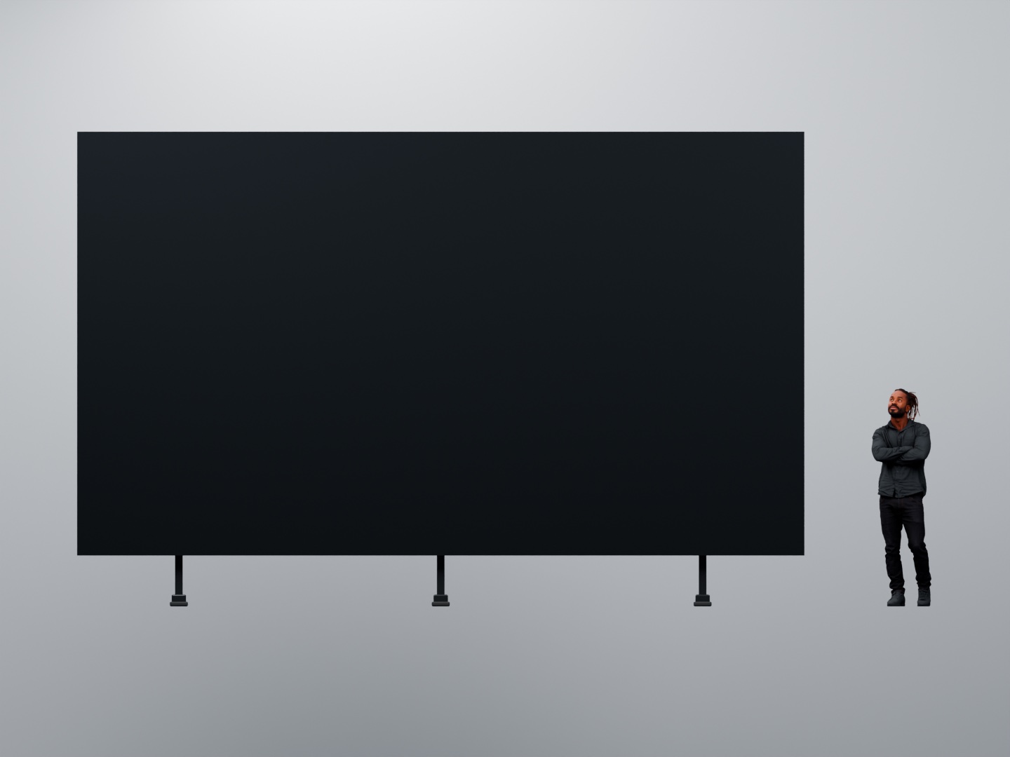 Фронтальный рендер LED-экрана 6 × 3,5 м на опорах; человек ростом 1,8 м для масштаба