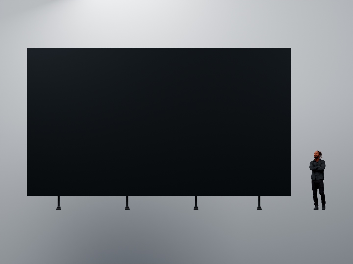 Фронтальный рендер LED-экрана 8 × 4,5 м на опорах; человек ростом 1,8 м для масштаба