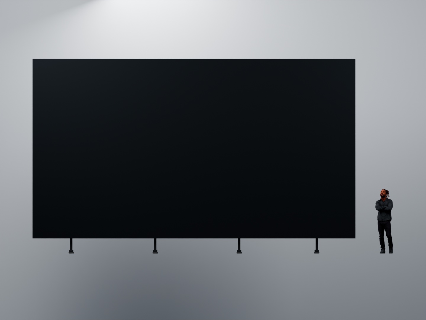 Фронтальный рендер LED-экрана 9 × 5 м на опорах; человек ростом 1,8 м для масштаба